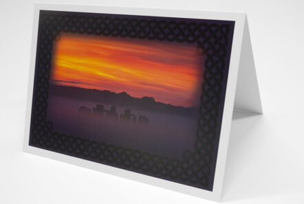 Greetings Card - 'Misty Stonehenge Sunrise with Celtic Knot border
